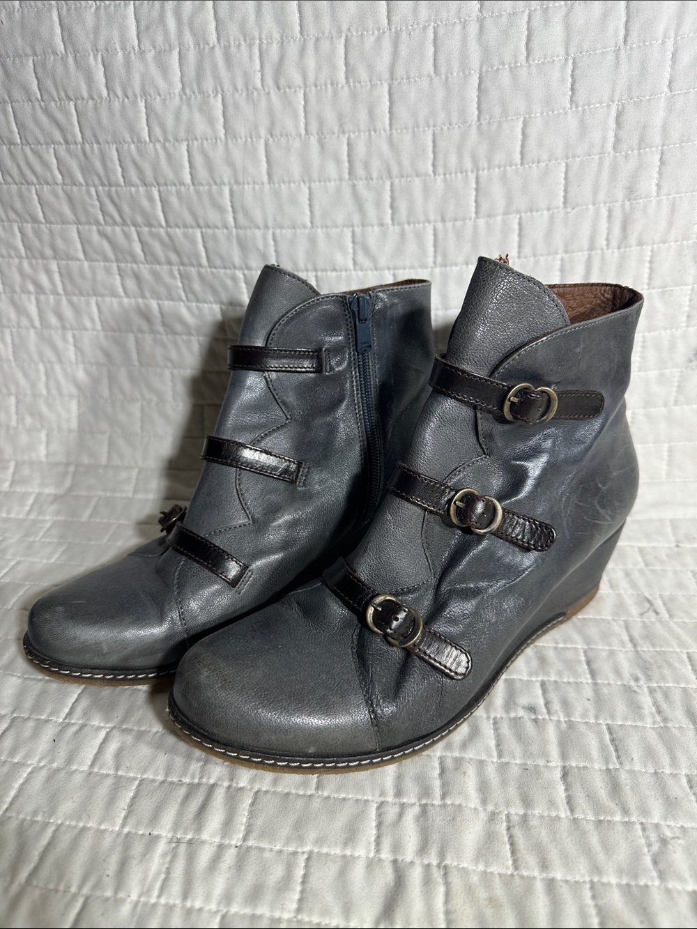 Eric Michael Dark Gray Leather Wedge Ankle Boots with Buckle Straps
